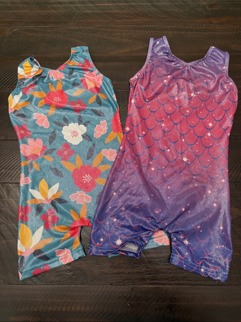 Girls Floral Shorty Leotard & Purple Mermaid Scale Shorty Duo
